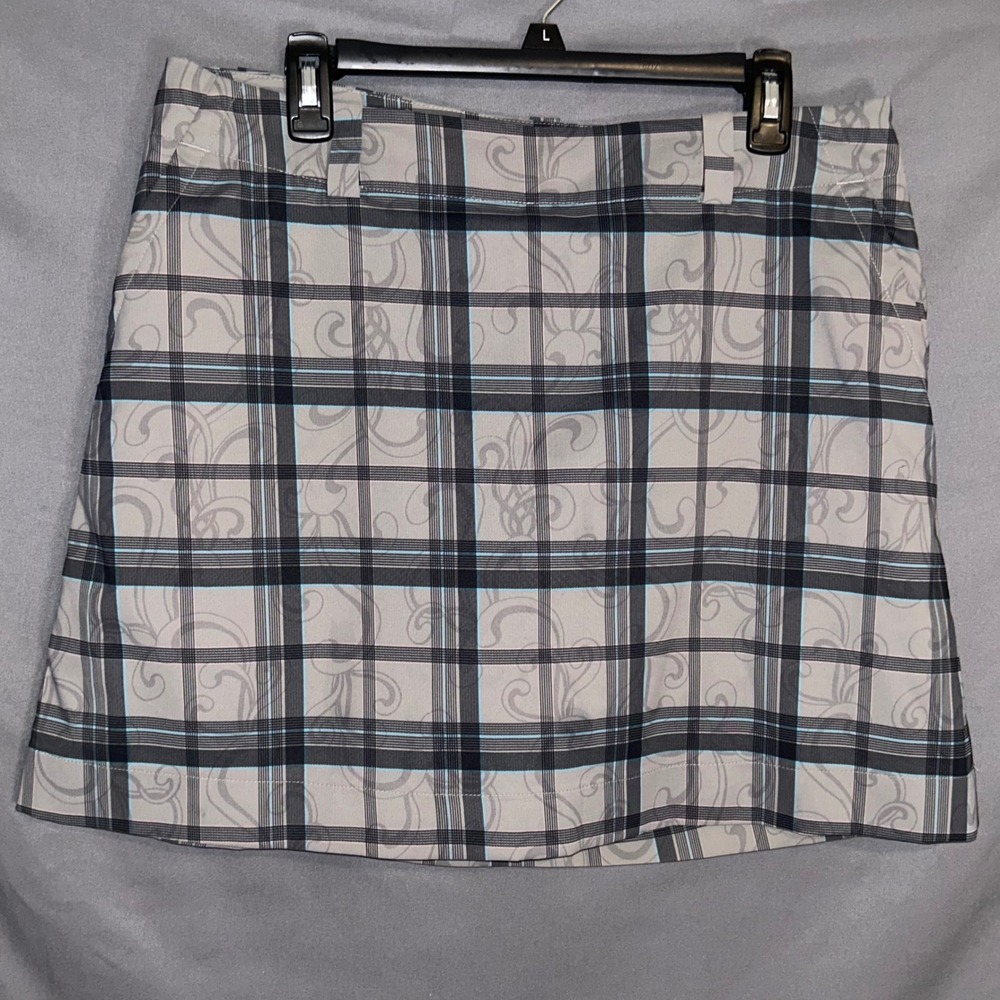 Nike‎ DRI-FIT Plaid Golf Skirt Women's Size 12 Black Gray Blue Tennis Active